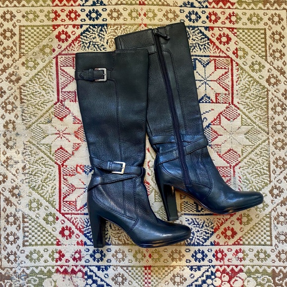 Cole Haan Phoenix Boots Tall Black Leather High Heels Buckles Nike Air Size 6.5 - Picture 1 of 8